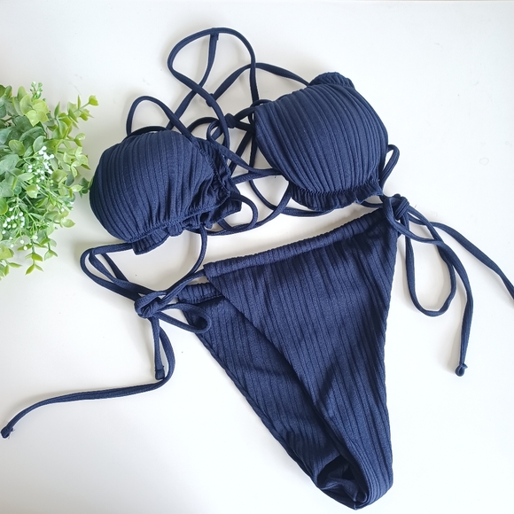 Navy Blue Ribbed String Bikini NEW - Picture 8 of 9